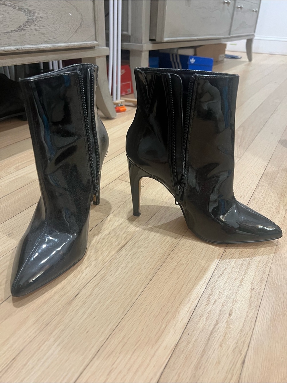 Express Black Patent Pointed-Toe Stiletto Ankle Boots